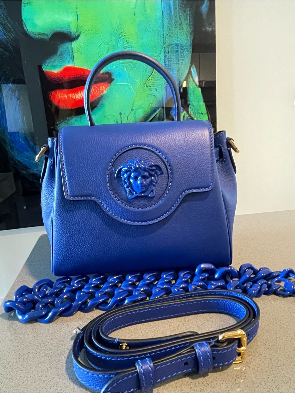 Versace La Medusa Medium Top Handle Vitello Bag Blue $2300.